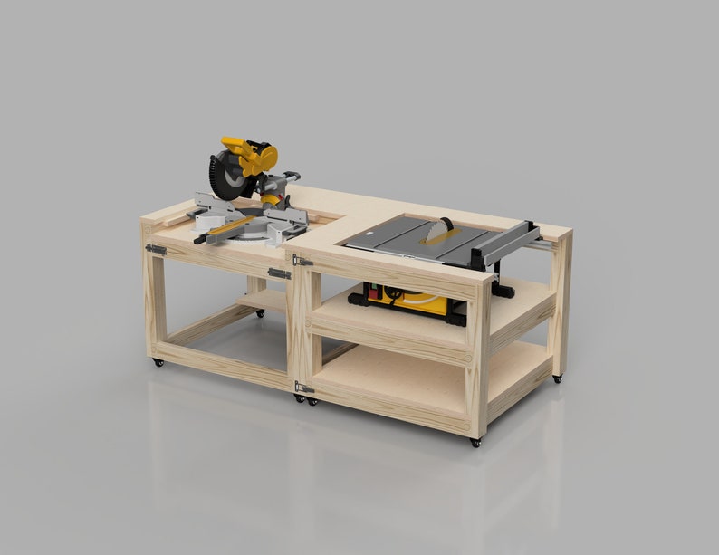 May include: A wooden workbench with a yellow and black miter saw and a table saw on top. The workbench has two shelves and is on wheels.