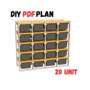 20-Unit DIY Garage Storage Rack Plans: 27-Gallon Tote Storage Shelf System. Instant download