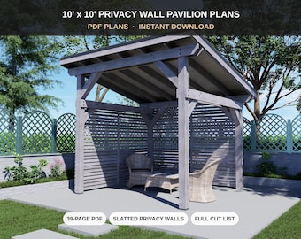10x10 Lean To Pavilion Plans - Freestanding Backyard Gazebo with Privacy Walls - DIY Patio Cover PDF Cut List