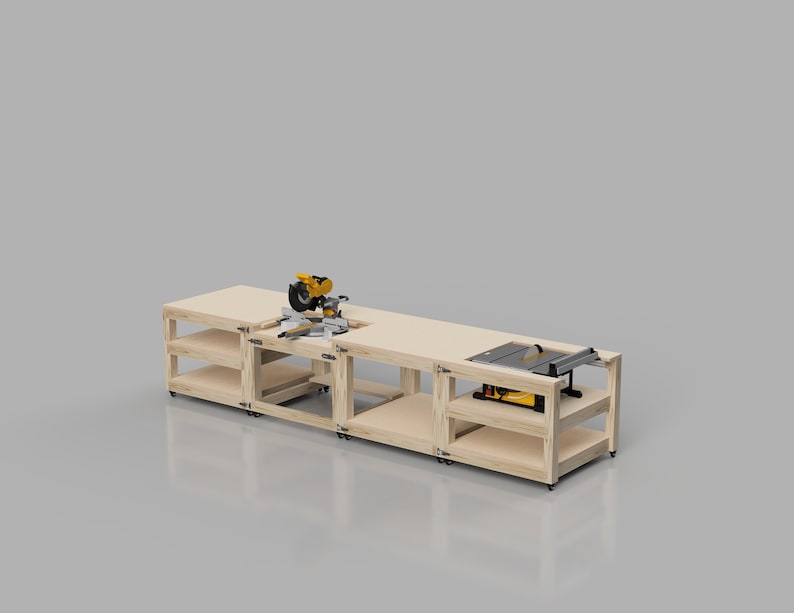 May include: A wooden workbench with a miter saw and a table saw mounted on top. The workbench has shelves for storage and is on wheels.
