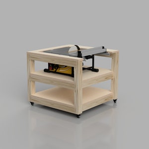 May include: A wooden table saw stand with two shelves and wheels. The stand is made of light wood and has a black table saw on top.