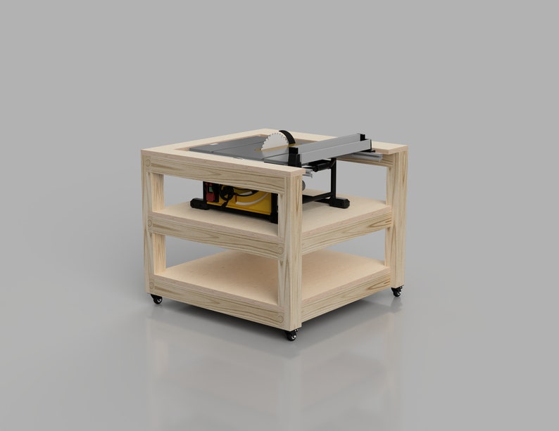 May include: A wooden table saw stand with two shelves and wheels. The stand is made of light wood and has a black table saw on top.