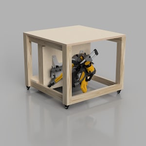 May include: A wooden table with a saw mounted on the side. The table has wheels and is made of plywood. The saw is a miter saw with a black and yellow color scheme.