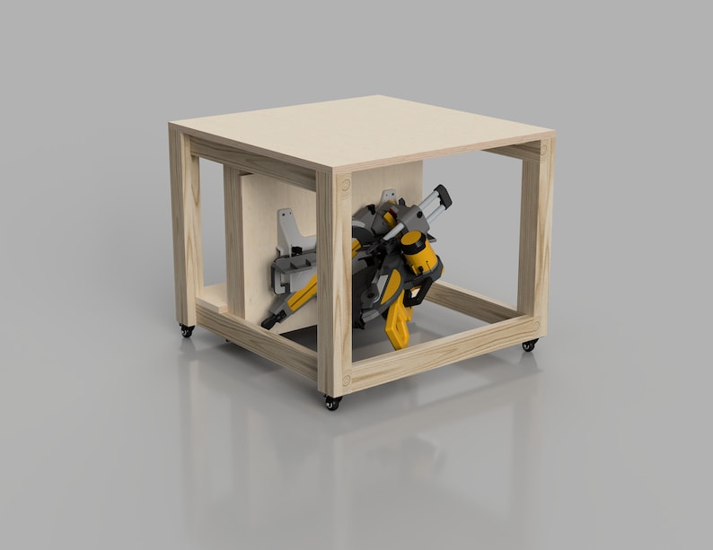 May include: A wooden table with a saw mounted on the side. The table has wheels and is made of plywood. The saw is a miter saw with a black and yellow color scheme.