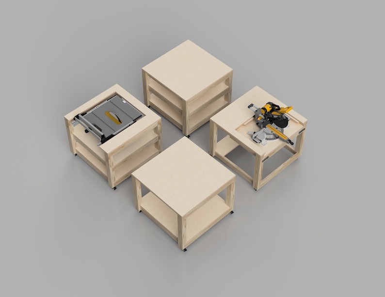 May include: Four wooden workbenches with wheels, each with a different power tool. One workbench has a table saw, another has a miter saw, and two are empty.