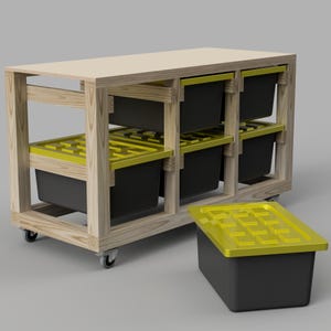May include: A wooden storage cart with six black storage bins with yellow lids. The cart has a wooden top and four wheels. The cart is on a gray background.