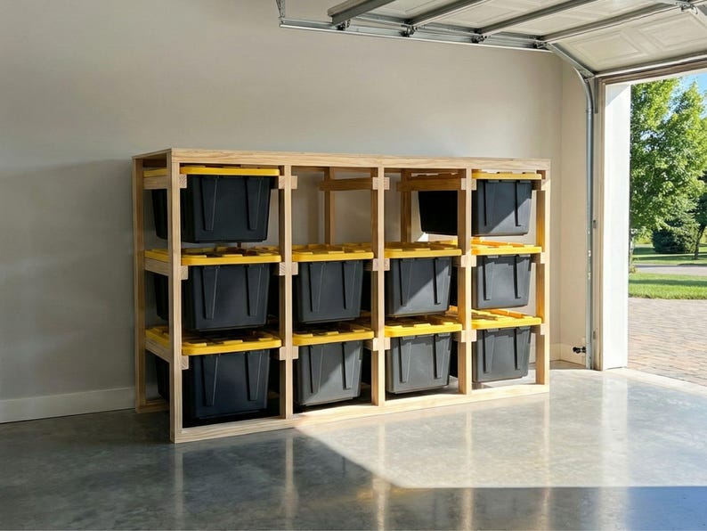 27 Gallon Tote Rack Plans, Heavy Duty Garage Shelving, Wide Bin Storage ...