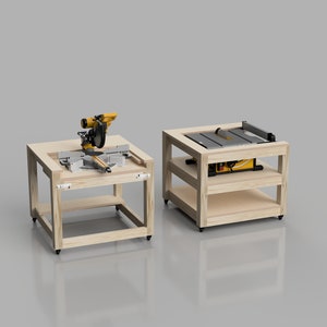 May include: Two wooden workbenches with wheels, one with a yellow and gray miter saw and the other with a table saw.