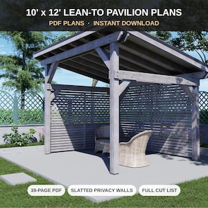 Planer för 10x12 insynsskyddad väggpaviljong - Lutande insynsskyddad bakgårdsterrass - DIY-ritning PDF med skärlista