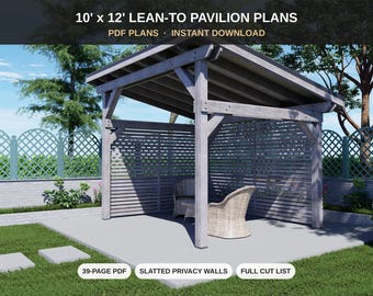 10x12 Lean-To Pavilion Plans with Privacy Walls - DIY Backyard Pavilion, Carport & Patio Cover - PDF Download with Cut List