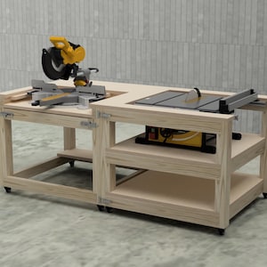 Bouwtekeningen voor een verrijdbare werkbank - Station met 2 modules voor verstekzaag en tafelzaag - Compacte werkplaatswagen voor de garage - Direct te downloaden PDF