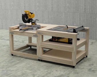 Rolling Workbench Plans - 2 Module Miter Saw & Table Saw Station - Compact Garage Workshop Cart - Instant Download PDF