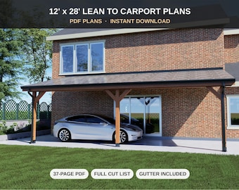 12x28 Carport Plans - Large Lean To Carport & Patio Cover - Attached Timber Shelter Blueprint PDF with Cut List