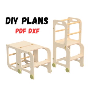 Sgabello Montessori per bambini e tavolo di apprendimento. Piano fai da te per torre da cucina - Montaggio facile