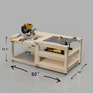 May include: A wooden workbench with a miter saw and table saw, measuring 80 inches long, 40 inches wide, and 33.5 inches tall.