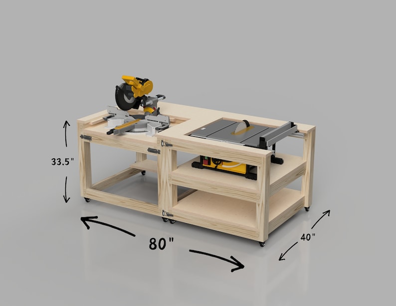 May include: A wooden workbench with a miter saw and table saw, measuring 80 inches long, 40 inches wide, and 33.5 inches tall.