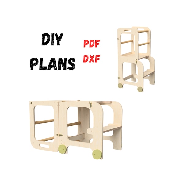 Montessori Kitchen Tower & Learning Table DIY Plan - Toddler Step Stool, 2-in-1 Design