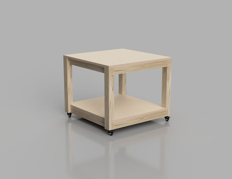 May include: A wooden table with a shelf and wheels. The table is made of light wood and has a natural finish. The table is on a gray background.
