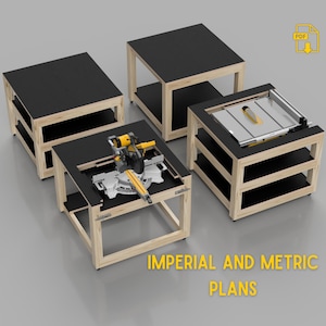May include: A set of four woodworking workbenches with black tops and natural wood frames. One bench features a yellow and silver miter saw, another a table saw. The text "IMPERIAL AND METRIC PLANS" is displayed in yellow.