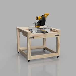 May include: A wooden table with wheels, designed to hold a miter saw. The saw is yellow and black and is mounted on the table. The table has a shelf underneath for storage.