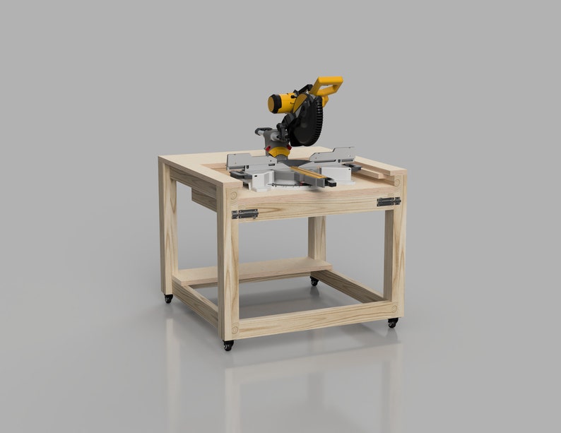 May include: A wooden table with wheels, designed to hold a miter saw. The saw is yellow and black and is mounted on the table. The table has a shelf underneath for storage.