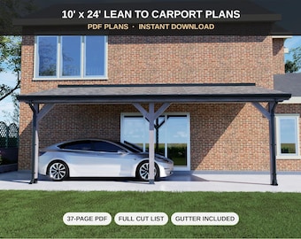10x24 Carport Plans - DIY Lean To Carport & Patio Cover - Attached Single Car Shelter Blueprint - PDF Download with Cut List
