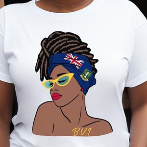 BVI Flag T-Shirt, British Virgin Islands Women&#39;s T-shirt, Head Scarf Tee, Hair Wrap Tee, BVI Vacay, Souvenir, Hair Locs T-shirt, BVI Gift