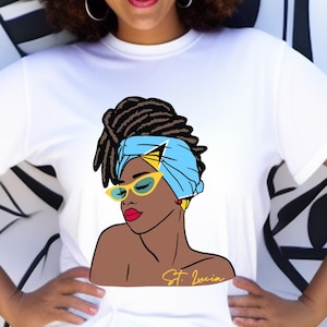 St Lucia Flag T-Shirt, St Lucia Women&#39;s T-shirt, Head Scarf Tee, Hair Wrap Tee, St Lucia Vacay Tee, Souvenir, Hair Locs Tee, St Lucian Gift