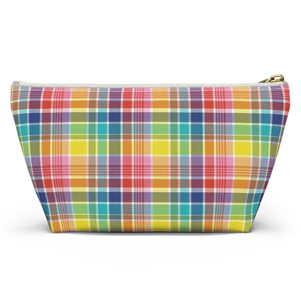 Virgin Islands Madras Accessory Pouch w T-bottom, USVI Women Pouch Gift for Makeup VI Madras Cocktail Pouch Hand Bag