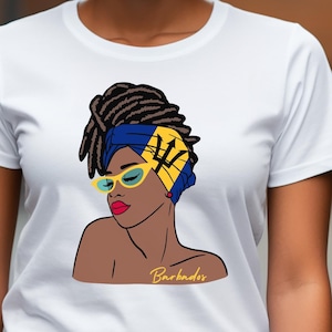 Barbados Flag T-Shirt, Barbados Women&#39;s T-shirt, Head Scarf Tee, Hair Wrap Tee, Barbados Vacay Tee, Souvenir, Hair Locs Tee, Barbados Gift