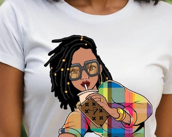 Personalized Caribbean Madras Graphic T-Shirt: Woman with Locs