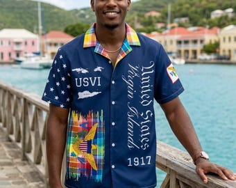 Patriotic 1917 USVI Flag Madras St Thomas, St John, St Croix, Button Down Shirt