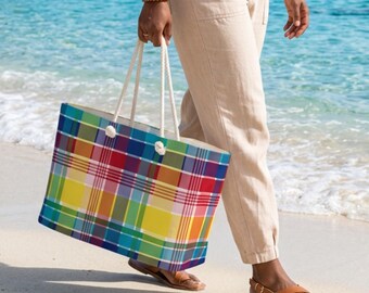 Virgin Islands Official Madras Oversized Weekender Tote Travel Beach Bag - Large Caribbean Tropical Tote Bag