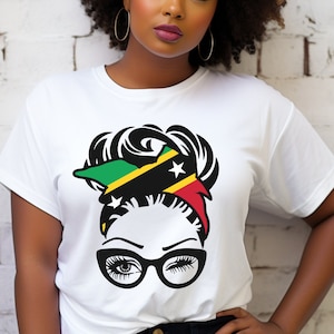 Camiseta de San Cristóbal y Nieves, camiseta con la bandera de San Cristóbal y Nieves, camiseta con pañuelo en la cabeza, camiseta de vacaciones en San Cristóbal y Nieves, recuerdo de San Cristóbal y Nieves, bandera de San Cristóbal y Nieves