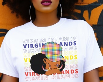 Crew Neck T-Shirt - Virgin Islands Madras Women Tshirt, USVI TShirt, Virgin Islands Shirt Women, Virgin Islands Vacation Tee,  VI Flag Tee
