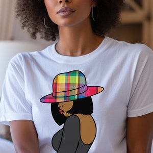 Madras, Madras Shirt, Caribbean Madras T-shirt, VI Madras Tshirt, Caribbean Gift, Madras Hat, Outline Drawing of Lady with Hat