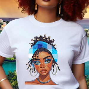 Madras T-Shirt for Women, Woman with Hair Locs Wearing Caribbean Madras Headwrap, Caribbean T-Shirt, Caribbean Gift for Her