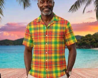 Colorful Caribbean Madras Button Down Shirt - Unisex Tropical Short Sleeve Top - Vibrant Island Style All-Over Print Festival Shirt