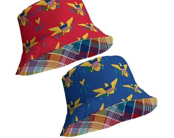 Virgin Islands Flag and Madras Reversible Unisex Bucket Hat - USVI Souvenir, Caribbean Island Style Sun Cap