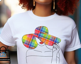 Caribbean Madras T-Shirt: Woman with Madras Hat Graphic Tee