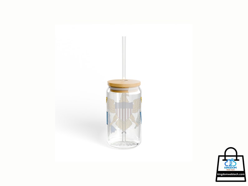 Virgin Islands Flag Sipper Glass, 16oz, Clear Transparent, Virgin Islands Gift, VI Souvenir, Bamboo Wooden Lid, Tritan Plastic Straw