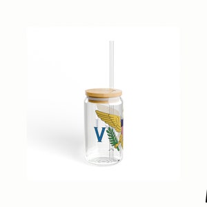 Virgin Islands Flag Sipper Glass, 16oz, Clear Transparent, Virgin Islands Gift, VI Souvenir, Bamboo Wooden Lid, Tritan Plastic Straw