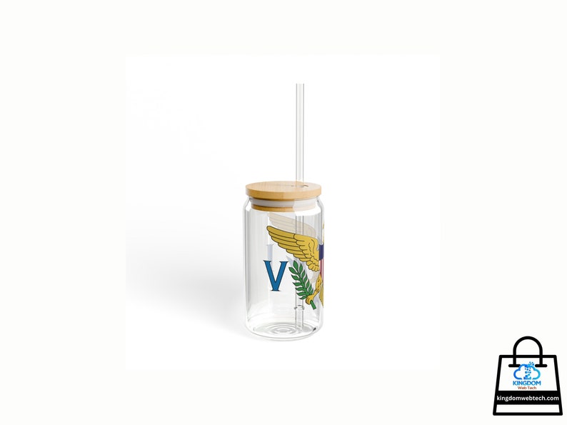 Virgin Islands Flag Sipper Glass, 16oz, Clear Transparent, Virgin Islands Gift, VI Souvenir, Bamboo Wooden Lid, Tritan Plastic Straw
