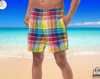 Virgin Islands Official Madras Swim Trunks - Vibrant Rainbow Plaid Island Vacation Beach Shorts
