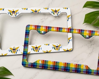 Virgin Islands Official Madras or VI Flag License Plate Frame - Colorful Tropical Caribbean Rainbow Plaid Pattern | USVI Auto Accessory Gift