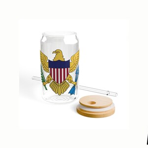 Virgin Islands Flag Sipper Glass, 16oz, Clear Transparent, Virgin Islands Gift, VI Souvenir, Bamboo Wooden Lid, Tritan Plastic Straw