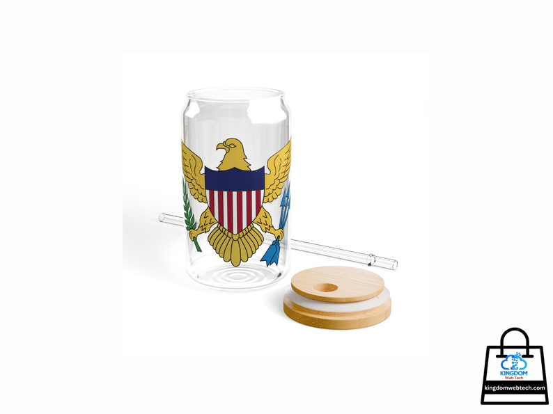 Virgin Islands Flag Sipper Glass, 16oz, Clear Transparent, Virgin Islands Gift, VI Souvenir, Bamboo Wooden Lid, Tritan Plastic Straw