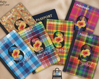 Funda para pasaporte personalizada con monograma caribeño Madras, estampado de cuadros tropicales, protección RFID para viajes.