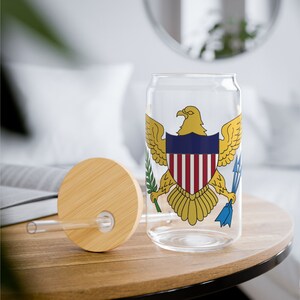 Virgin Islands Flag Sipper Glass, 16oz, Clear Transparent, Virgin Islands Gift, VI Souvenir, Bamboo Wooden Lid, Tritan Plastic Straw