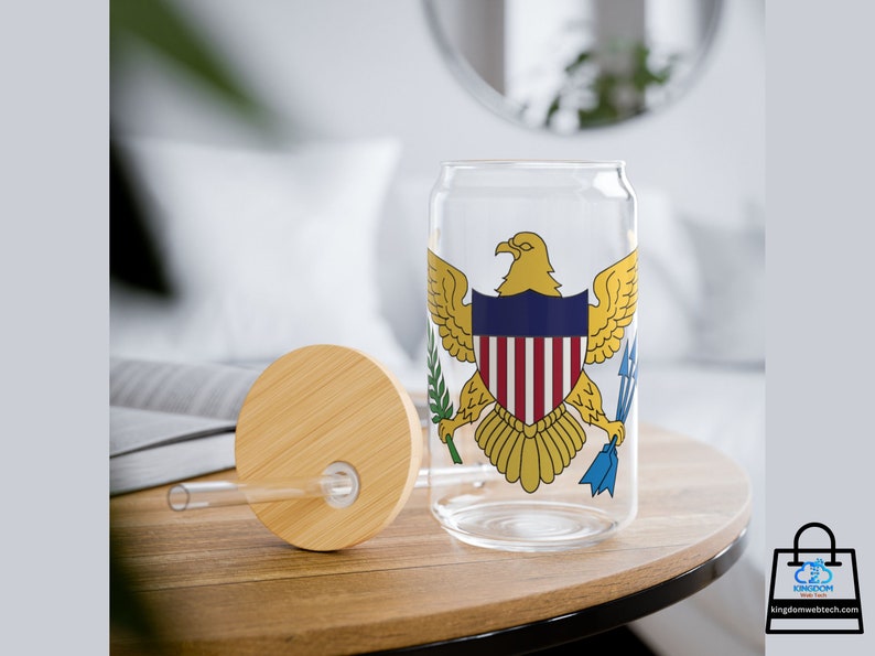 Virgin Islands Flag Sipper Glass, 16oz, Clear Transparent, Virgin Islands Gift, VI Souvenir, Bamboo Wooden Lid, Tritan Plastic Straw
